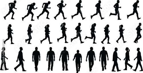 Human running walking silhouette sequence set sports fitness motion people activity black white vector illustration isolated background design collection animation