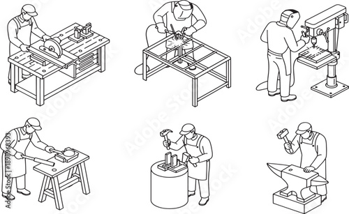 Craftsman at work, depicting artisans using various tools, showcasing skills and craftsmanship in the workshop.