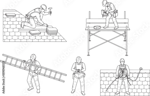 A collection of five illustrations displays essential construction site safety protocols to workers: A vigilant worker utilizes essential equipment and safety measures for secure operations.