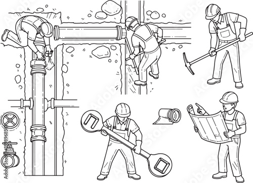Construction workers collaborate on intricate pipe installations, with tools in hand, the illustration expertly conveys the focus and precision required in plumbing work.