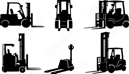 Forklift Silhouettes Set of 6 - Black Vector Style Warehouse Equipment Icons