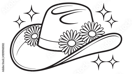 A Whimsical Black and White Cowboy Hat Adorned with Flowers and Sparkles