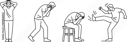 Man expressing intense emotional states, depicted through line art. showcasing raw emotion, frustration, and turmoil.