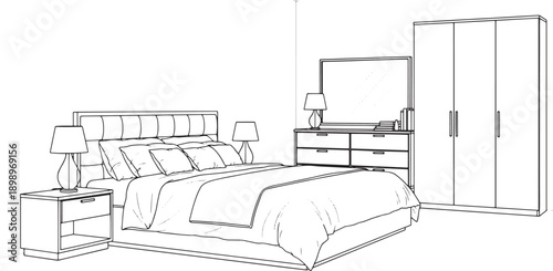 A minimalist bedroom interior in a sleek monochrome illustration style, with a modern bed, bedside table, dresser, lamp and wardrobe.