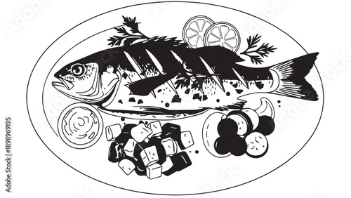 Illustration of a whole fish with lemon and vegetables served on a plate, depicting a seafood meal platter.