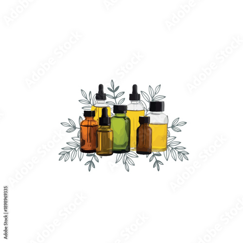 Collection of essential oil bottles with leaves