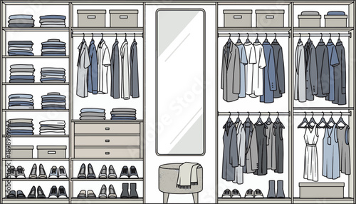 An organized modern closet. A showcase of clothing, shoes, and accessories, designed for maximum utility and style.