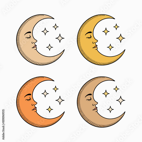 Crescent moon phases with face and stars
