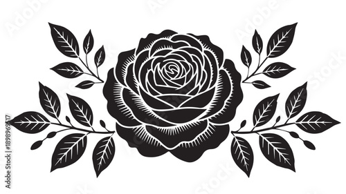 A Black and White Rose with Leaves Vector Illustration