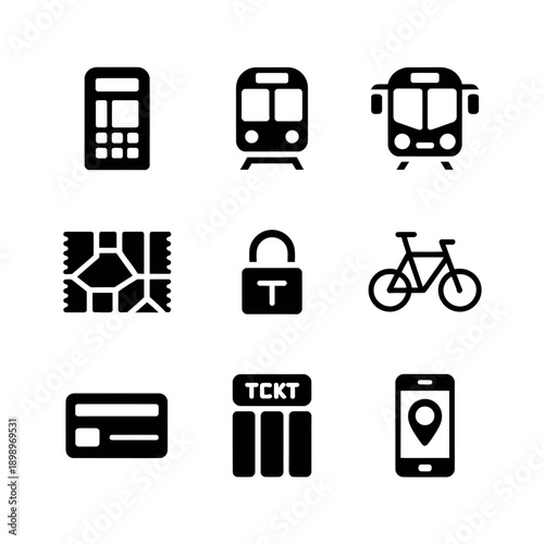 Public transport icons set for travel and navigation
