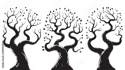 Three stylized black and white abstract trees with swirling branches and sparse leaves