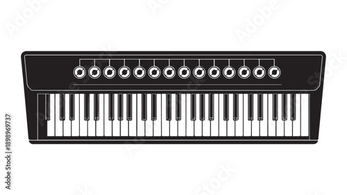 Sleek Black and White Vector Illustration of a Modern Electronic Keyboard Synthesizer with Keys and Control Panel