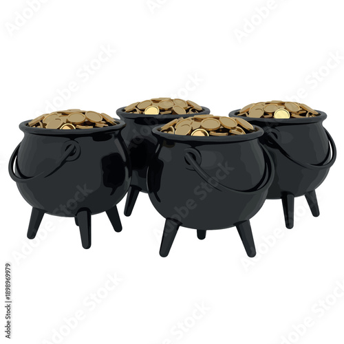 Four black cauldrons filled with gold coins on white background