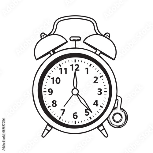 Illustrated alarm clock with bells and twin legs, vintage line art.