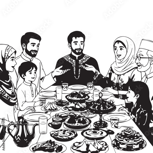 Family Gathering Around a Large Table Sharing Traditional Feast at Home.