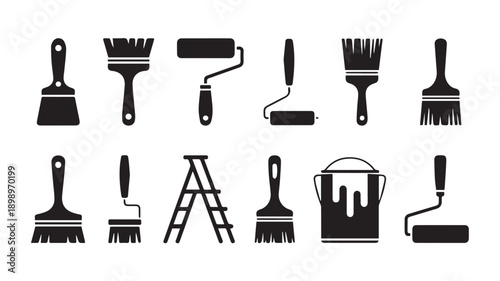 Vector Silhouettes of Essential Painting and Home Improvement Tools Collection for Renovation Projects