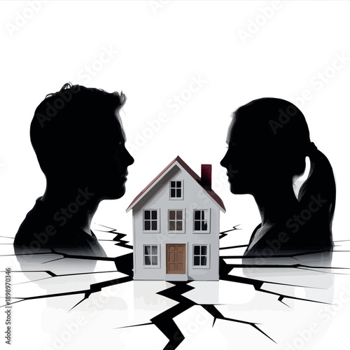 Couple silhouettes facing away from each other with house in between