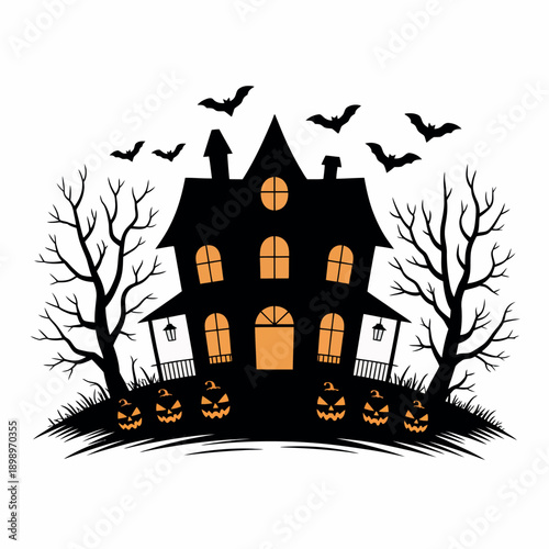 Spooky halloween house with pumpkins and bats