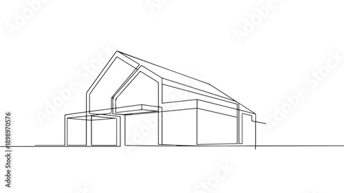 Minimalist continuous line art drawing of a modern house architectural concept, black and white sketch