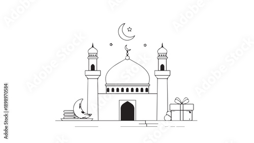Illustrated mosque facade featuring domes, minarets, arches, and a crescent moon in a minimalist night scene.