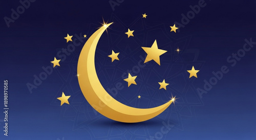 Golden crescent moon with stars in night sky