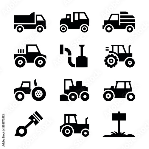 Collection of tractor and truck icons for agricultural use