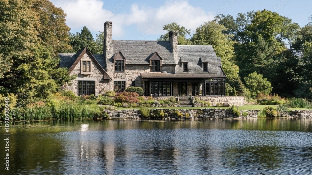 Fototapeta premium Stone House by the Lake: Serene Estate