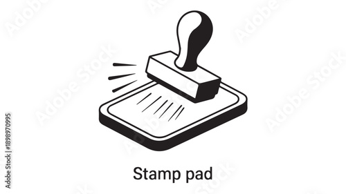 Minimalist black and white line art depicting a rubber stamp pressing onto an ink pad, symbolizing official validation or document approval