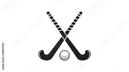 Two crossed hockey sticks and a ball, minimalistic black and white sports icon