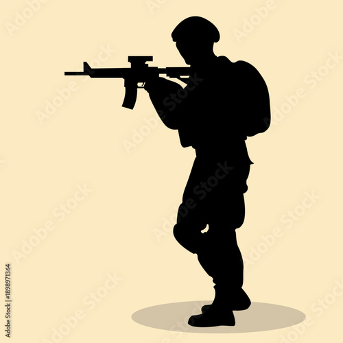 Silhouette of soldier walking and holding a machine gun aiming target. Icon of army military with full equipment long-barreled weapons, bulletproof vests and helmets. Vector illustration.