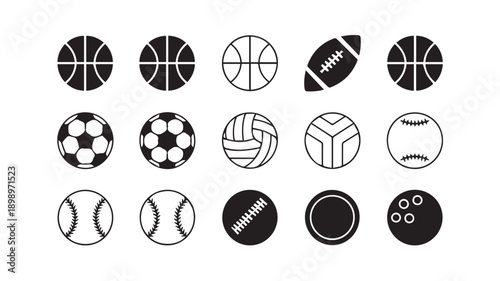 Set of five black silhouettes of various sport balls like basketball, soccer, football, tennis, and bowling