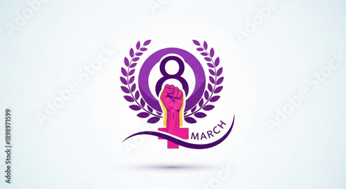 International women's day logo with purple laurel wreath and raised fist
