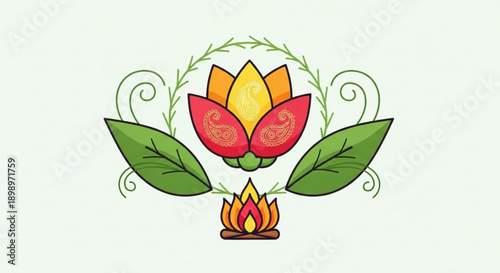 Vibrant lotus flower with leaves and flame vector illustration symbolizing spiritual growth and enlightenment