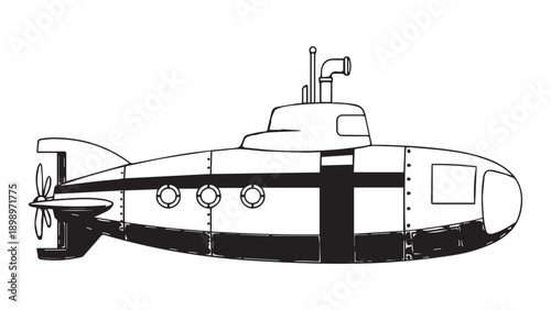 Cartoon-style submarine vessel drawing in black and white, a compact underwater explorer illustration.