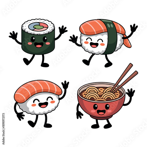 Cartoon japanese food characters dancing