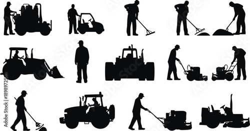   
Construction worker silhouette set, heavy machinery icons, roadwork equipment poses, industrial labor scenes, black illustration collection, isolated design, flat vector