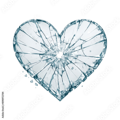 Shattered glass heart isolated on a dark background. Conceptual image symbolizing heartbreak, emotional pain, broken love, loss, disappointment, and fragile relationships. Dramatic cracked glass textu