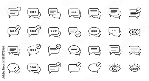 Vector line icons for digital communication, showcasing chat message states like typing, sent, read, and viewed. Ideal for modern app and web interface design