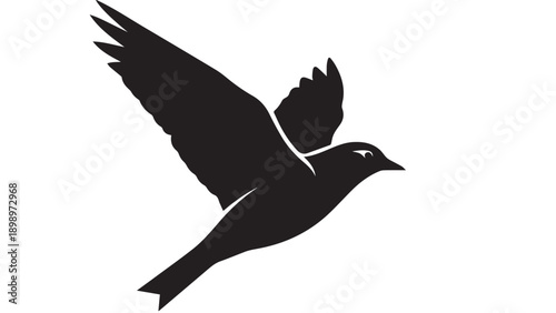 Silhouetted Bird in Flight Soaring Across a Stark White Background with Graceful Gesture.