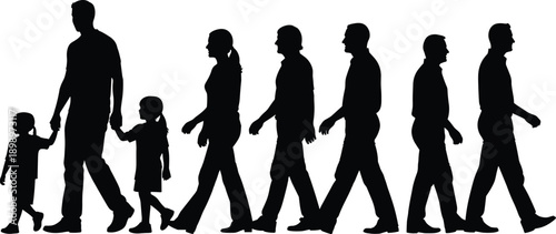 Family life stages silhouette showing parents and children walking together, human growth aging concept, social development, black vector illustration