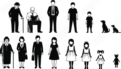 Human life stages silhouette set showing children adults seniors families pets, age diversity concept, black vector illustration isolated on white