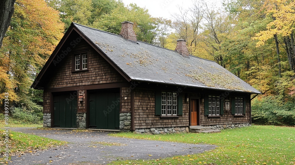 Fototapeta premium Autumnal Cottage in the Woods: A Charming Rustic Cabin