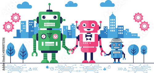 Robot family illustration with friendly artificial intelligence characters, futuristic city background, technology teamwork concept, colorful flat vector design style modern