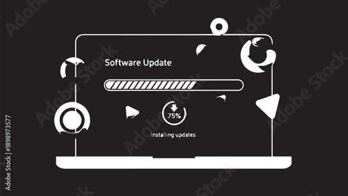 Laptop screen displays a software update notification with a circular progress indicator.