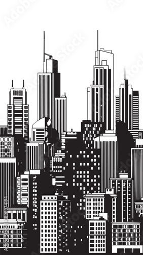 Monochrome city skyline featuring dense skyscrapers and varied facades in a dramatic urban landscape.