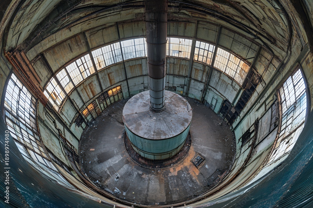 Obraz premium Fisheye view inside massive decaying circular industrial building