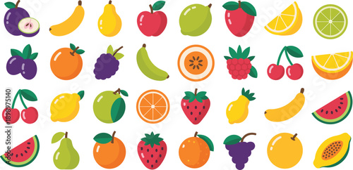 Colorful fruit icon set with apples bananas citrus berries tropical fruits, flat vector illustration collection isolated on white background modern