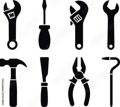 Hand tool silhouette icon set featuring wrench screwdriver hammer pliers, repair maintenance equipment symbols, black white vector illustration collection