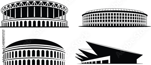 Modern stadium and arena architecture silhouettes set featuring classical coliseum and contemporary sports venue vector illustration icons design