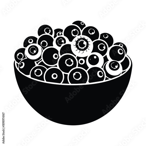 Black and white illustration of a bowl filled with eyeballs, creepy concept art